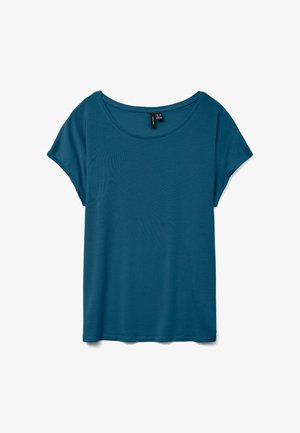 Teal t-paita lyhyillä hihoilla, pyöreällä kaula-aukolla, pehmeästä kankaasta valmistettu, jossa on rento istuvuus ja sileä rakenne.