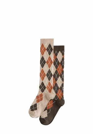 Knee-length socks featuring an argyle pattern in beige, rust, brown, and black. Material appears smooth with a ribbed top.