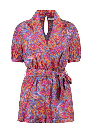 Short-sleeve playsuit in vibrant floral pattern, featuring a keyhole neckline and tied waist belt, made from lightweight fabric.