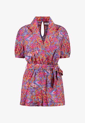 Korte mouw playsuit in een levendig bloemenpatroon, met een keyhole halslijn en een gestrikte tailleband, gemaakt van lichtgewicht stof.