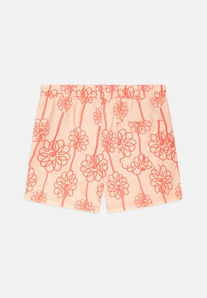 Světlé broskvové plavky s korálovým květinovým vzorem, elastickým pasem, šňůrkou a zadní kapsou. Hladká, lehká látka.