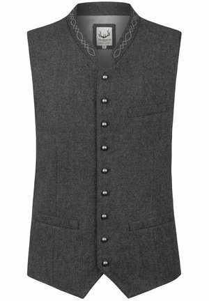 Gray woolen vest with a high collar, featuring decorative stitching, six dark buttons, and two side pockets. Smooth texture and tailored fit.