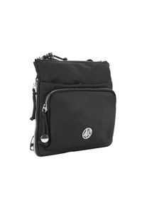 Borsa a tracolla nera in nylon con molteplici tasche con zip, hardware in argento e un emblema del marchio sul fronte. Forma compatta e rettangolare.