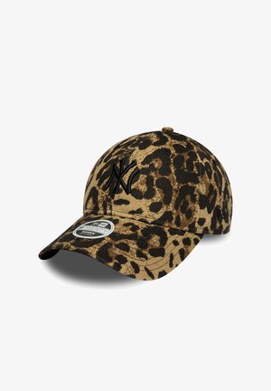 Leopard print baseball cap with curved brim and black embroidered NY logo on front, shown at slight angle on white background.