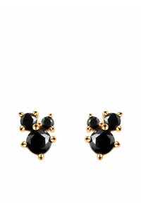 Czarny kamień w fasetowanej formie w bransolecie w kształcie klastrów z akcentami w kolorze złota. Charakteryzuje się różnymi rozmiarami kamieni i zaokrąglonymi kształtami dla wizualnego zainteresowania.