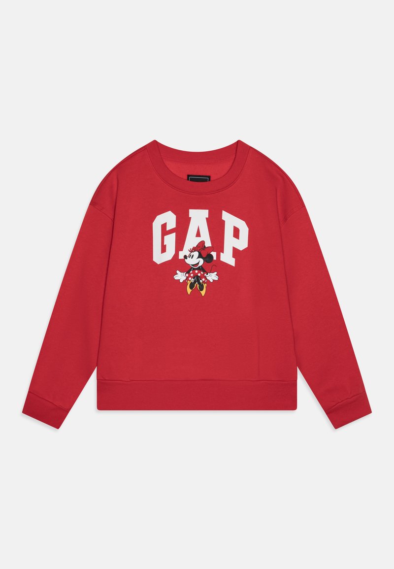 Rød genser laget av bomull, med rund hals, lange ermer, ribbestrikkede mansjetter og en hvit "GAP"-logo med et Minnie Mouse-motiv.