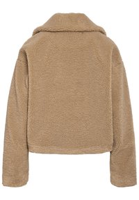 Brūna vilnas jaka ar apkaklīti, īsā dizaina un teksturētu virsmu, ar garām piedurknēm un taisnu apakšmalu.