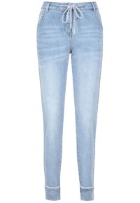 Los pantalones jogger de mezclilla en azul claro presentan una cintura con cordón, corte ajustado, bolsillos laterales y dobladillos acampanados, confeccionados con un material suave y flexible.