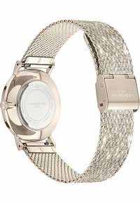 LIEBESKIND Uhr mit einem Armband aus Edelstahl-Mesh, silberner Farbe, glattem Gehäuse und eingraviertem Logo auf der Schließe; wasserfestes Design.