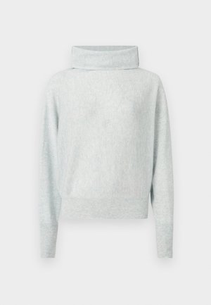 Svetlomodrý pletený sveter s vysokým, prehnutým golierom, dlhými rukávmi a voľným strihom. Mäkko pôsobiaca textúra s jemným melírovaným vzorom.