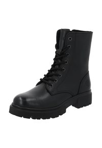 Schwarze Lederkampfstiefel mit glatter Oberfläche, Schnürdesign, gepolstertem Schaft und einer robusten Gummisohle für guten Halt.