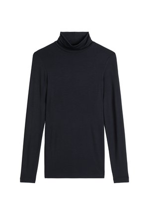 Czarna koszulka z golfem, wykonana z miękkiego materiału, z długimi rękawami i wysokim, złożonym kołnierzem. Gładka tekstura, bez wzorów czy akcentów.