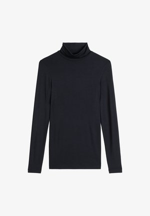 Czarna koszulka z golfem, wykonana z miękkiego materiału, z długimi rękawami i wysokim, złożonym kołnierzem. Gładka tekstura, bez wzorów czy akcentów.