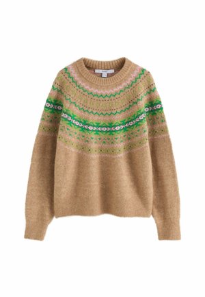 Bruine gebreide trui met een ronde hals en een patroon op het beleg in groene, roze en beige tinten over de borst en bovenarmen.
