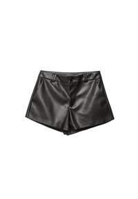 Pantaloni corti neri in pelle con un design sartoriale, tasche laterali, chiusura frontale con bottone e una texture liscia e lucida.