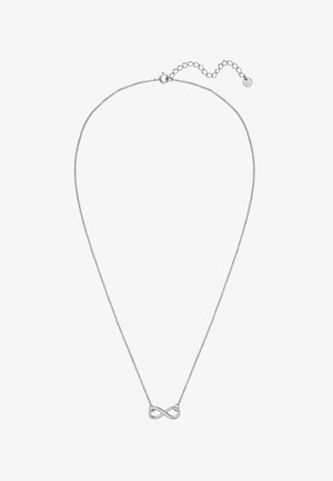 Silberne Kettenhalskette mit einem Unendlichkeitssymbol-Anhänger. Sie verfügt über ein zartes Design, eine glatte Textur und eine verstellbare Länge mit einem Verschluss.