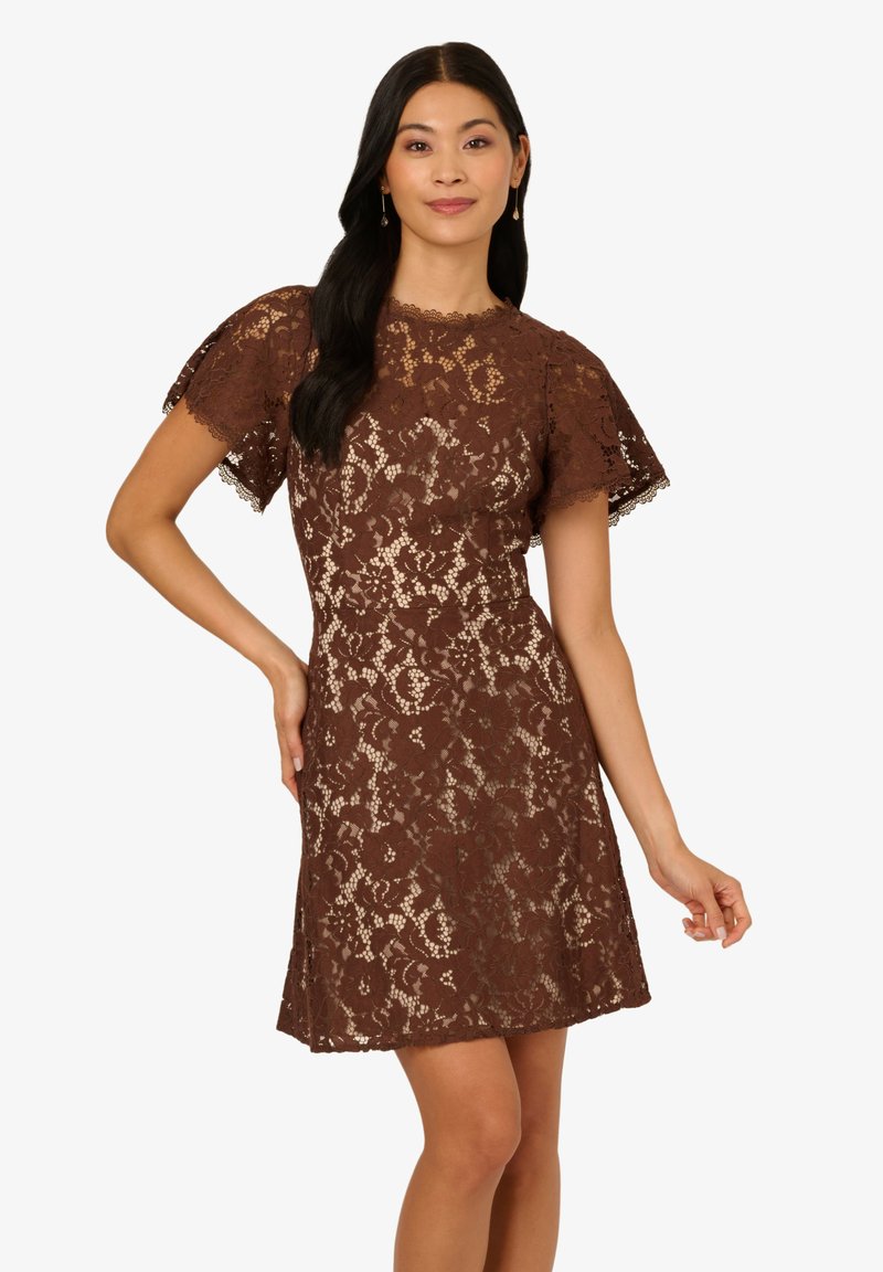 Robe en dentelle marron avec de courtes manches volantées, corsage ajusté et forme en A. Motif floral complexe avec des détails à ourlet festonné.