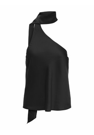 Top noir sans manches col halter asymétrique avec détail de nœud en tissu au niveau du cou et de l'ourlet latéral.