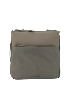 Borsa rettangolare grigia con più scomparti con zip, caratterizzata da un design elegante e una texture in tessuto, adatta all'uso quotidiano.