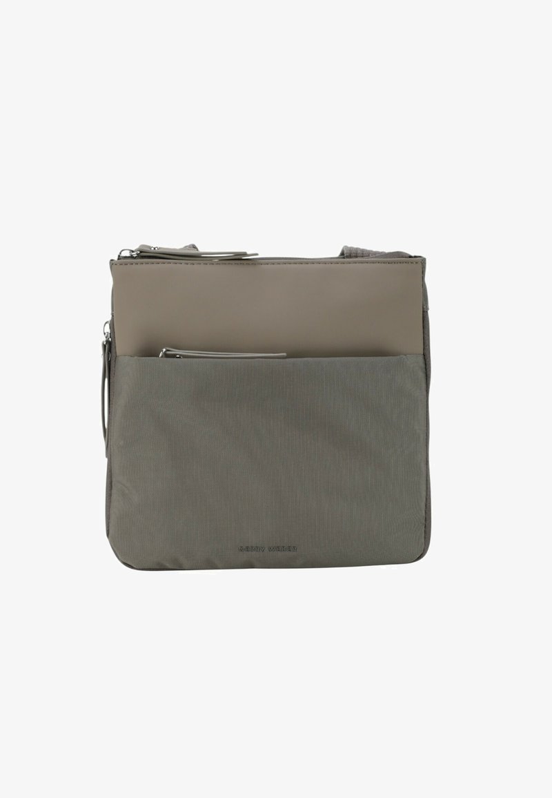 Graue rechteckige Tasche mit mehreren Reißverschlusstaschen, die ein elegantes Design und eine stoffartige Textur aufweist, geeignet für den täglichen Gebrauch.