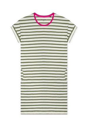 Gestreiftes Kleid in Weiß und Olivgrün mit einem pinkfarbenen Rundhalsausschnitt, kurzen Ärmeln und seitlichen Taschen. Hergestellt aus weichem Baumwollstoff.
