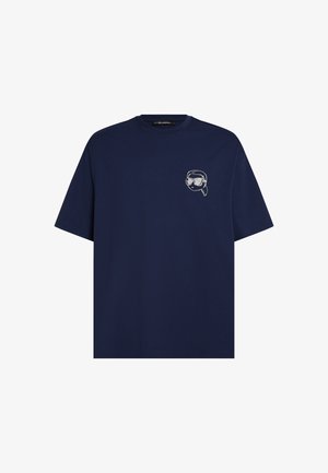 Camiseta de algodón azul marino con cuello redondo, mangas cortas y un gráfico bordado de un personaje con gafas de sol en el pecho.