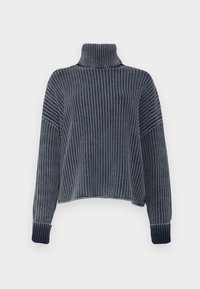 Pull à col roulé côtelé bleu marine, avec des manches longues et un ourlet court, présentant une texture tonal contrastante et des poignets larges.