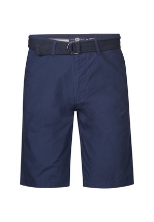 Granatowe szorty wykonane z lekkiego materiału, z paskiem z metalową klamrą w kolorze srebrnym i bocznymi kieszeniami, zaprojektowane do codziennego noszenia.