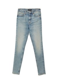 Jeans in denim blu chiaro con una vestibilità slim, caratterizzati da un design a cinque tasche, zone sbiadite e dettagli di cucitura sottili lungo le cuciture.