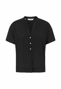 Blusa nera a maniche corte con colletto alla mandarina, chiusura con bottoni sul davanti e un tessuto testurizzato e leggero.