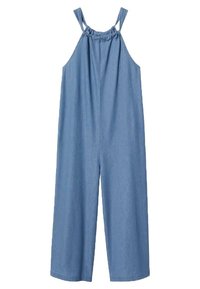 Salopette en denim bleu clair avec jambes larges, bretelles ajustables et encolure froncée. Texture lisse avec un design décontracté.