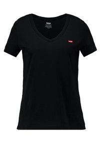 Černé tričko s V výstřihem, vyrobené z bavlny, s krátkými rukávy. Na levé část hrudi se nachází malé červené logo Levi's. Jednoduchý design a hladká textura.