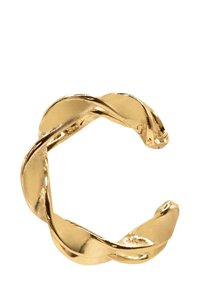 Gouden metalen ring met een gedraaide design met gladde, glanzende oppervlakken en open uiteinden. Het heeft een minimalistische, hedendaagse uitstraling.