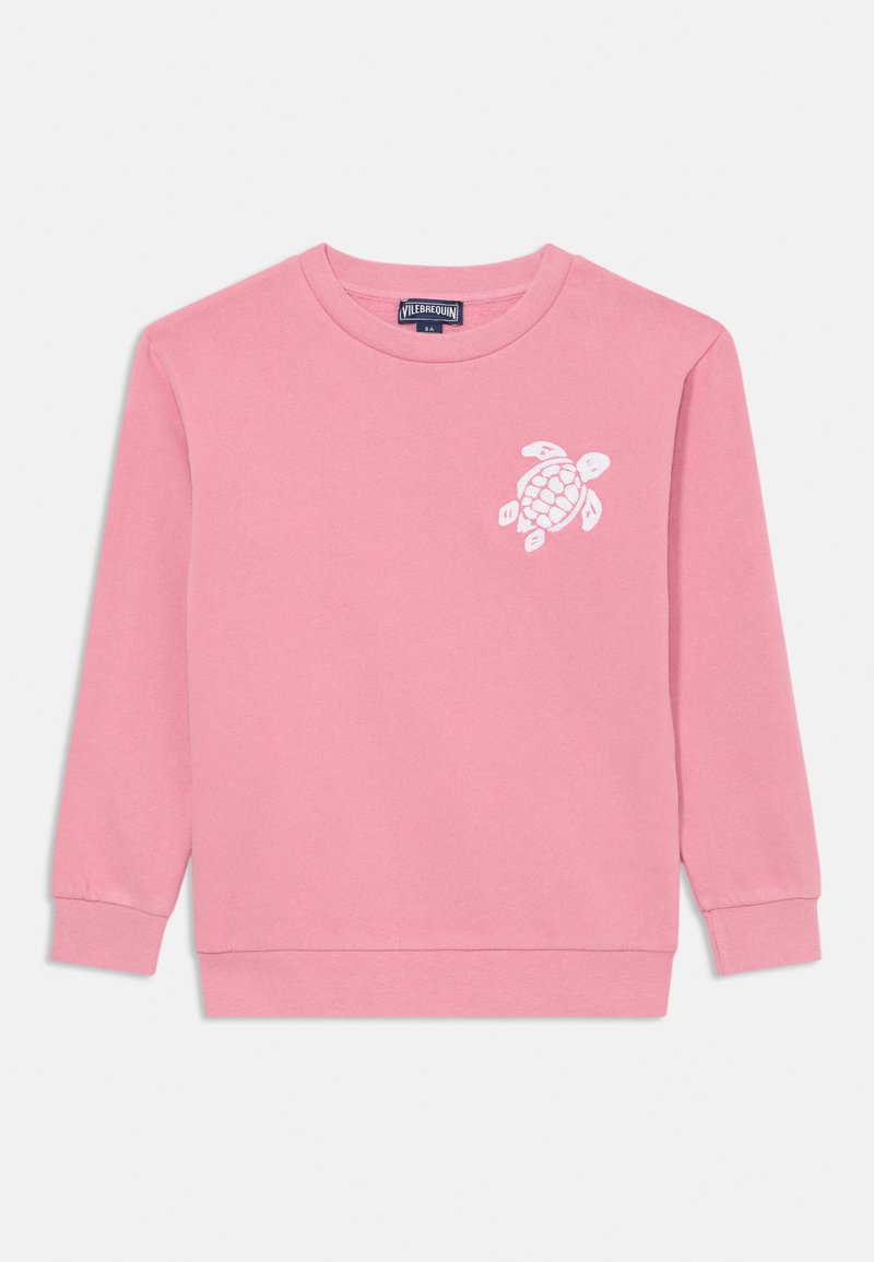 Felpa rosa realizzata in tessuto morbido, con una grafica di una tartaruga bianca sul lato sinistro del petto. Maniche lunghe con polsini e scollo a coste.