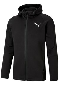 Sudadera con capucha negra con cremallera, hecha de tela suave. Cuenta con un bolsillo tipo canguro, capucha ajustable y el logo blanco de Puma en el pecho izquierdo.