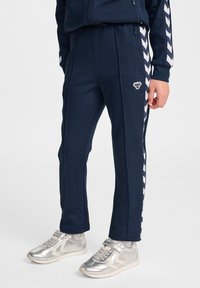 Marineblauwe joggingsbroek in een relaxed fit, met een witte chevronstreep langs de zijkant en een klein logo aan de voorkant.