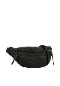 Sac banane en cuir noir avec une forme courbe, doté d'une poche zippée à l'avant, d'une sangle réglable et d'une surface texturée.