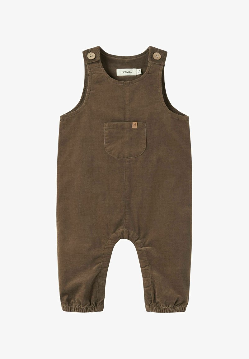 Combinaison bébé en coton marron sans manches avec poche avant, bretelles boutonnées et ouvertures élastiquées aux jambes.