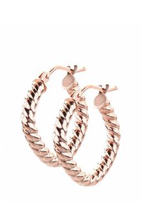 Rose gold hoop earrings with a twisted design, featuring a polished finish and hinge clasp for secure closure. Circular shape, medium size.