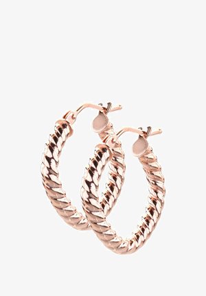 Rose gold hoop earrings with a twisted design, featuring a polished finish and hinge clasp for secure closure. Circular shape, medium size.