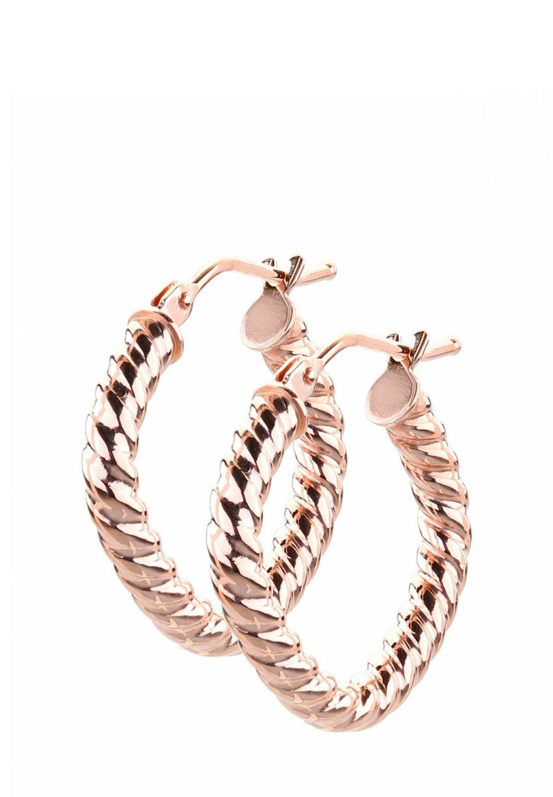 Rose gold hoop earrings with a twisted design, featuring a polished finish and hinge clasp for secure closure. Circular shape, medium size.