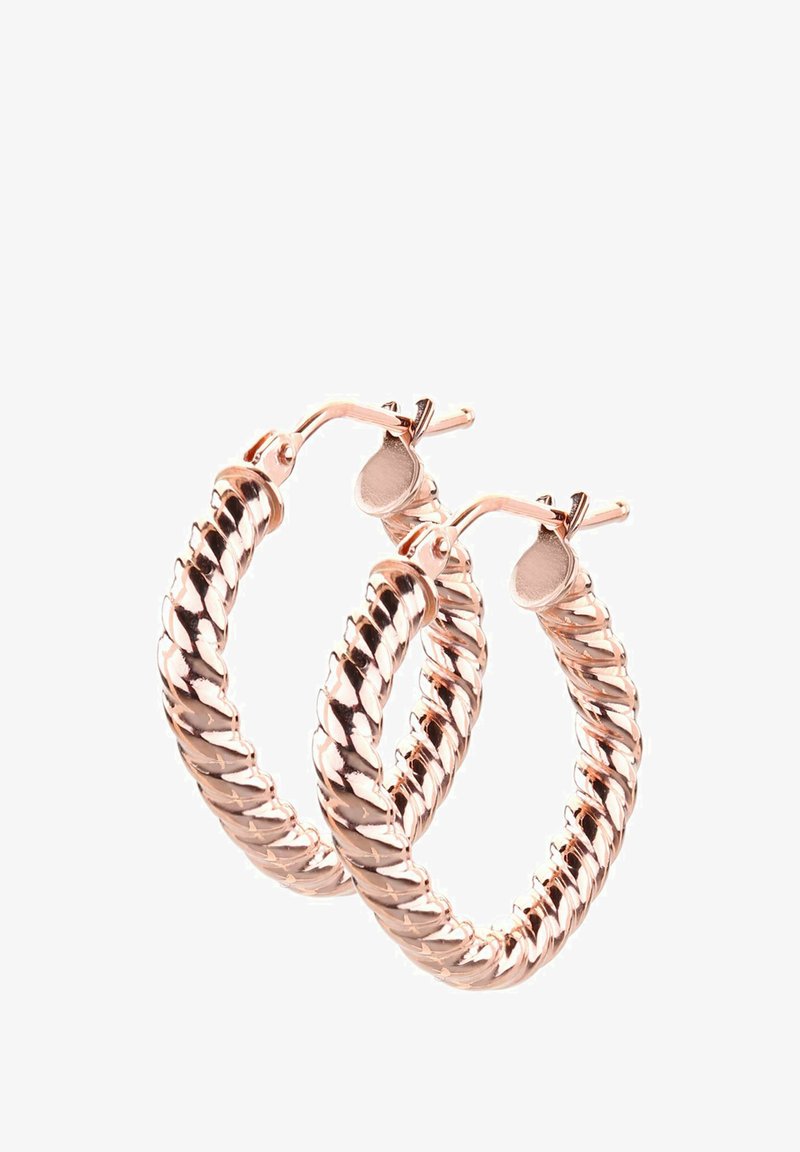 Rose gold hoop earrings with a twisted design, featuring a polished finish and hinge clasp for secure closure. Circular shape, medium size.