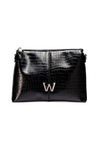 Clutch negro rectangular con textura de cocodrilo y logo plateado "W" sobre un fondo blanco.