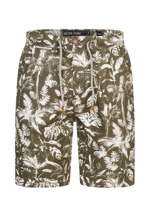 Olijfgroene shorts met een wit tropisch loofpatroon, voorzien van een elastische tailleband, koord en een enkele knoopsluiting. Gestructureerde stof.