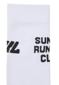 Calzino bianco con tessuto strutturato, con testo ricamato nero "SUN" e "RUNNING" e un logo stilizzato sul lato.
