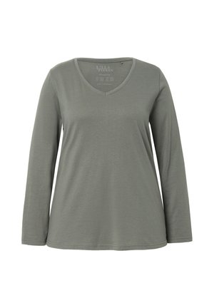 Long-sleeve, V-neck shirt in muted green, made of soft fabric. Features a relaxed fit with simple stitching and no visible patterns.