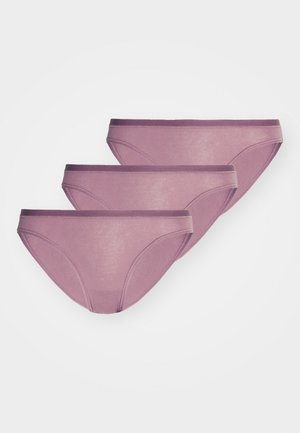 Pakke med tre lavendel bomullsbleier med glatt tekstur, med et mørk lavendel elastisk midjebånd og klassisk bikini-cut design.