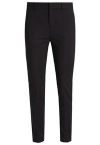 Pantalons noirs ajustés, avec un devant plat, une coupe slim et un tissu lisse avec un léger éclat. Pas de motifs visibles ni d'accents en matériel.