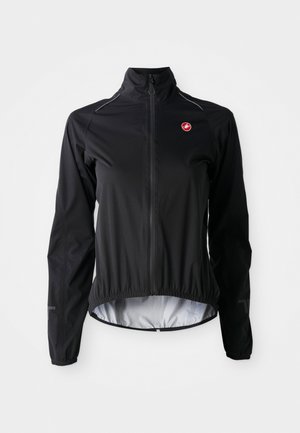 Black long-sleeve cycling jacket with full front zipper, high collar, elastic hem, and small red logo on left chest.