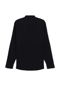 Schwarzes Langarmhemd mit Kragen, geknöpften Manschetten und geradem Schnitt. Glattes Material mit einem einfachen, unifarbenen Design ohne Muster.